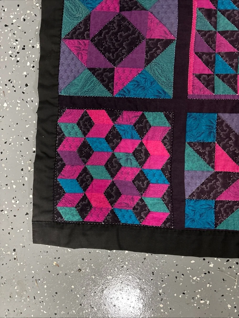 Handmade Hand Quilted Patchwork Quilt in Pink, Teal & Black